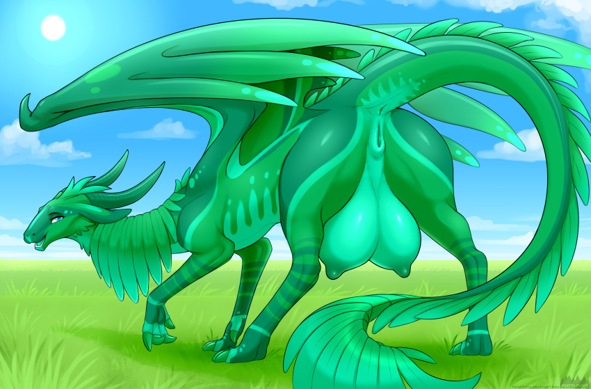 2020 absurd_res anus bovid caprine crotchboobs dragon dragoness female female_feral feral genitals goat green_body green_eyes green_fur hi_res horn huge_crotchboobs hybrid loimu looking_at_viewer looking_back mammal mammalian_dragon multicolored_body nipples no_humans open_mouth pussy scalie solo teeth tongue wings