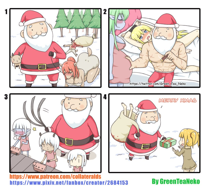 4koma absurd_res animal_humanoid anthro blood blush bodily_fluids cervid christmas christmas_elf clothing comedy comic dark_humor elf female funny greenteaneko hat headgear headwear hi_res holidays horn humanoid humor male mammal mammal_humanoid mongirl_4koma not_furry_focus open_mouth pregnant santa_claus santa_hat slave straight thunderthighs toony what whip whipping