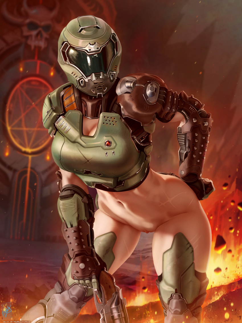 1girls 2020 absurd_res armor big_breasts bottomless dated doom doom_slayer_(doom) double-barreled_shotgun exposed female female_only firearm fit fit_female gauntlets genderswap_(mtf) greaves gun helmet highres power_armor pussy rule_63 scar sci-fi science_fiction scifi shotgun solo solo_female source_request text themaestronoob thick thick_thighs thighs unconvincing_armor v_spread_legs watermark weapon