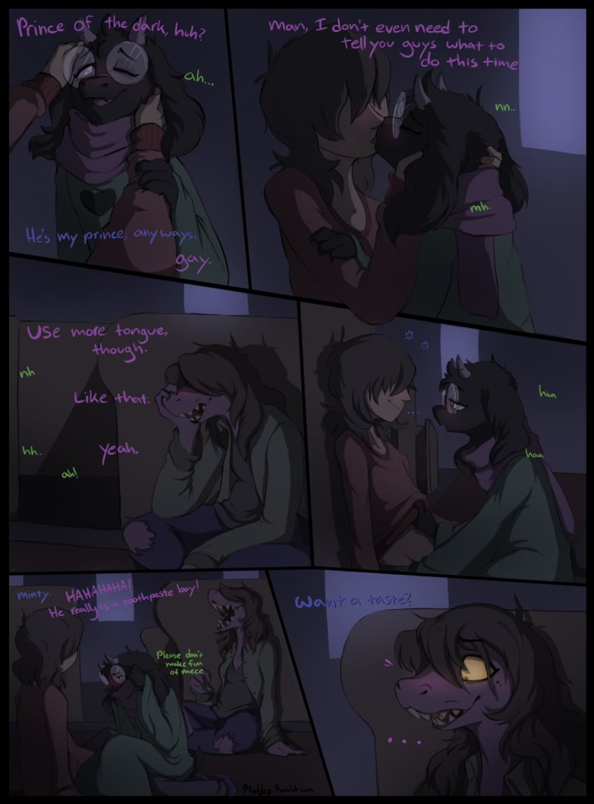 1girls 2018 2boys alcohol anthro backpack beverage black_body black_border black_fur blush bottle bottomwear bovid breasts brown caprine church clothed clothing comic cork covering_face cuddling deltarune dialogue digital_media_(artwork) disgust drinking embarrassed embrace english_text eyewear female fingers floppy_ears footwear fully_clothed fur furry gay glasses goat grin group hair hair_over_eyes hair_over_one_eye heart hi_res hidden_eyes holding_bottle holding_object horn human inside jacket jeans kissing kralsei kris_(deltarune) lizard looking_away male mammal middry monster night non-mammal_breasts open_mouth open_smile pants pawpads paws purple_body purple_scales ralsei reclining reptile robe scales scalie scarf shadow sharp_teeth shirt shoes sitting sitting_on_lap small_breasts smile snout surprised susie_(deltarune) sweater teeth text tongue tongue_out topwear torn_bottomwear torn_clothing torn_jeans torn_pants url video_games watermark white_eyes yaoi yellow_sclera