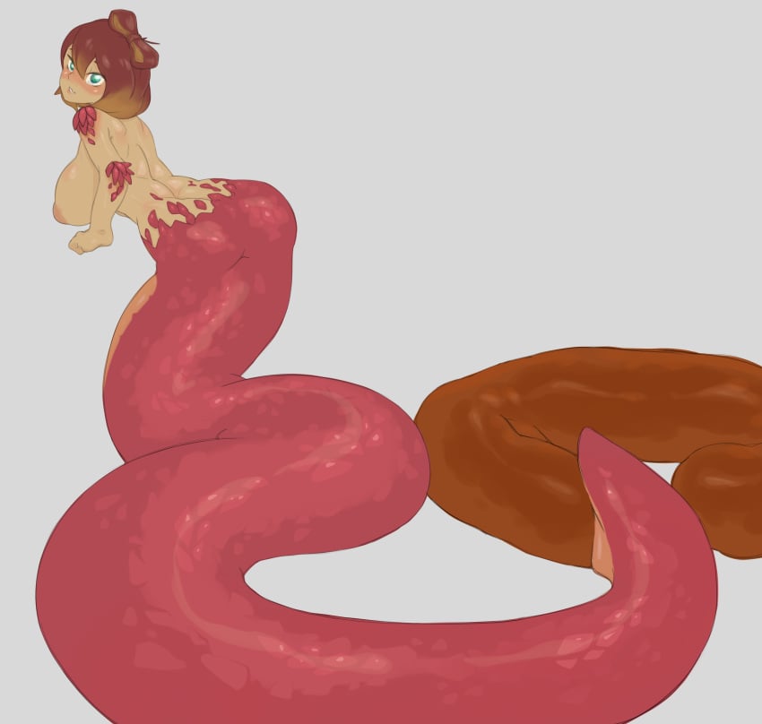 2019 anthro big_breasts breasts character_request digital_media_(artwork) feces hair heavylinsa human hybrid looking_at_viewer looking_back mammal nipples reptile scalie scat simple_background snake