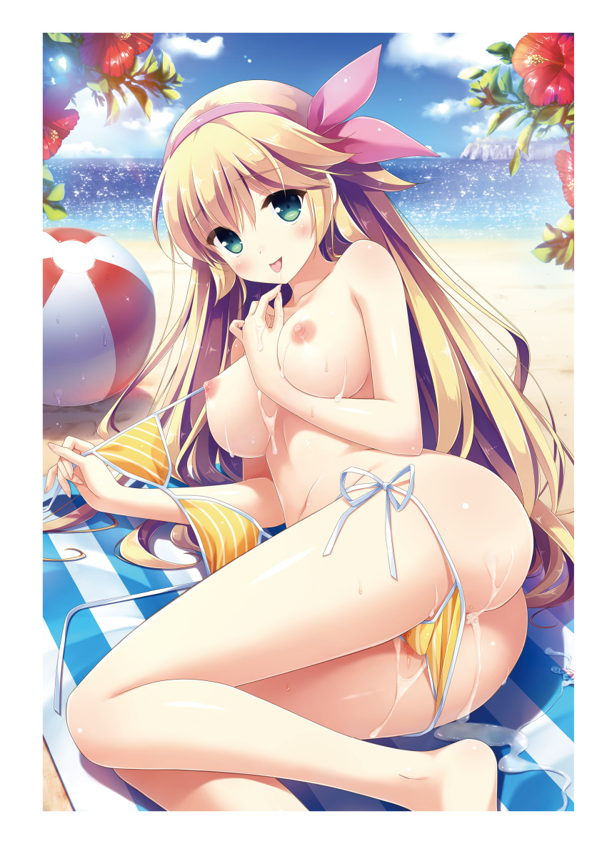 absurdres bangs barefoot bikini bikini_pull bikini_removed blonde_hair blue_sky bow breasts cloud collarbone day eyebrows_visible_through_hair female flower green_eyes hair_between_eyes hairband hairbow hibiscus highres kanekiyo_miwa large_breasts long_hair looking_at_viewer lying mamiya-kunchi_no_itsutsugo_jijou mamiya_yakumo nipples ocean on_side outdoors pink_bow pink_hairband red_flower shiny shiny_hair side-tie_bikini sky solo striped striped_bikini swimsuit tongue tongue_out topless very_long_hair yellow_bikini