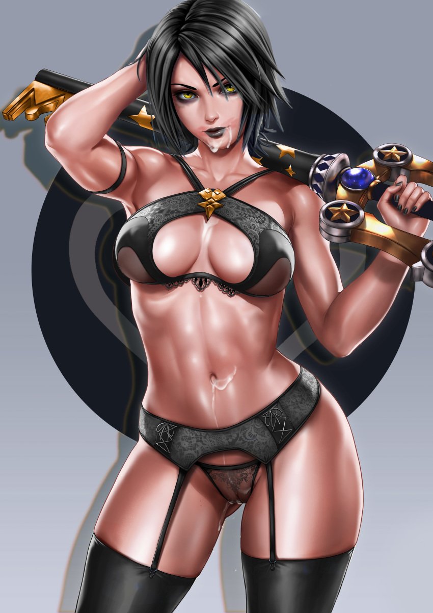 1girls anti-aqua aqua_(kingdom_hearts) black_hair black_lingerie black_lipstick black_nails bob_cut bra cum dandon_fuga enemy_conversion erect_nipples garter_belt keyblade kingdom_hearts lingerie lipstick nail_polish pantsu possible_duplicate pussy see_through smeared_lipstick smeared_makeup stockings thighhighs weapon yellow_eyes