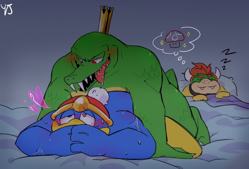 3boys anal avian beak bed blush bowser dreaming gay hat heart heart-shaped_pupils horns k_rool king_dedede kirby_(series) male male_only mario_(series) mushroom nintendo nude on_bed reptile sex sharp_teeth sleeping super_mario_bros. zzz