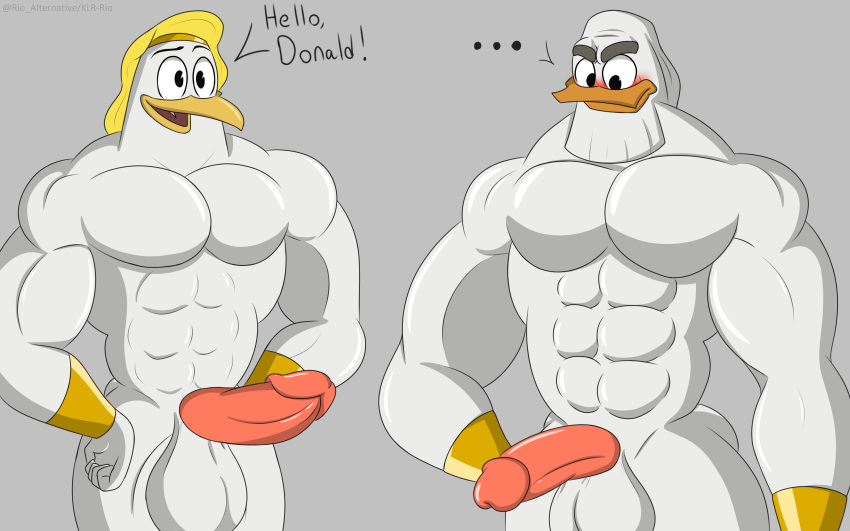 16:10 abs absurd_res anatid anseriform anthro armwear avian balls beak beard bird blush clothing digital_media_(artwork) disney duck ducktales ducktales_(2017) duo erection facial_hair genitals hi_res klr-rio male male_only muscular nude open_mouth pecs penis simple_background smile stork storkules yaoi zeus zeus_(ducktales)