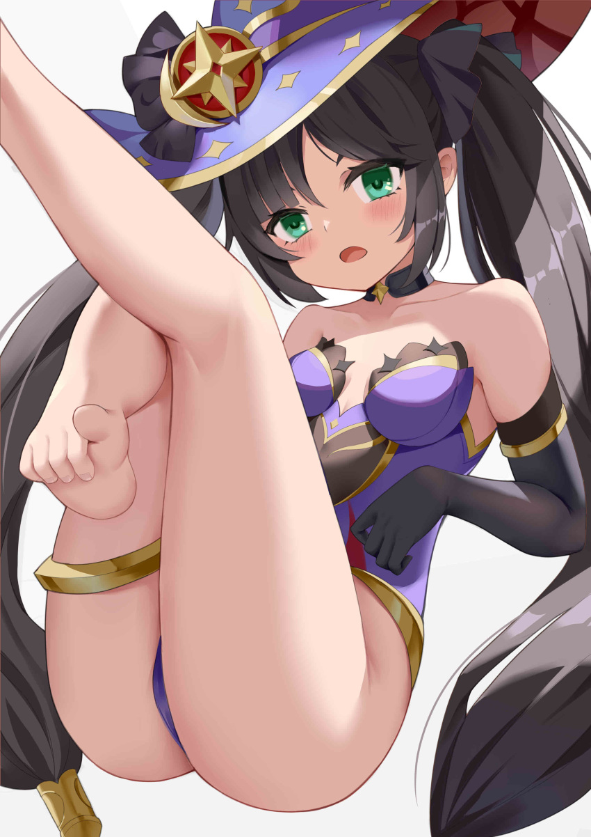 1girls astrologist beauty_mark black_hair blue_eyes blush breasts feet genshin_impact green_eyes leotard mole mole_under_eye mona_(genshin_impact) revealing_clothes small_breasts thick_thighs thighs toes twintails