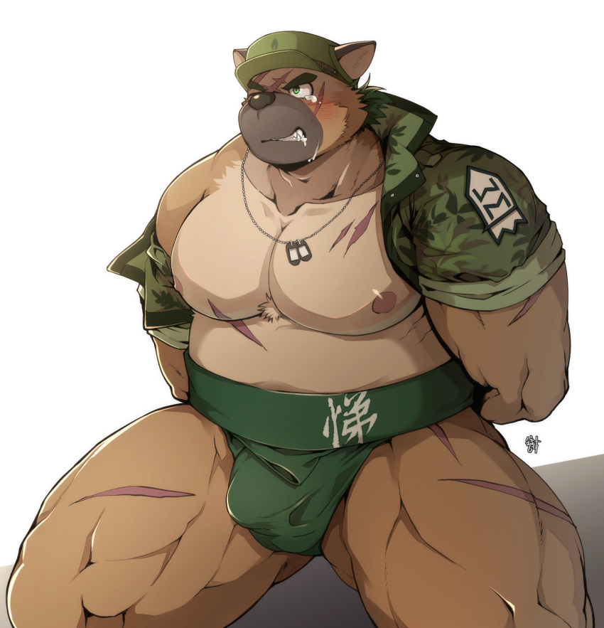 2020 angry blush bodily_fluids bulge camo canid canine canis clothing dog_tags domestic_dog hat headgear headwear hi_res m_ikky m_ikky_0 male male_only mammal muscular muscular_male nipples pecs scar tears thick_thighs tokyo_afterschool_summoners video_games yasuyori