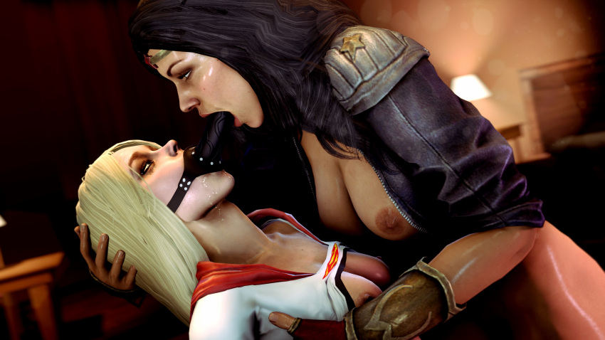 2girls 3d bondage cheopsfm dc dc_comics diana_prince dildo_gag dildo_in_mouth drooling gag gagged head_grab injustice_2 kara_danvers kara_zor-el linda_danvers mascara nipples olive_skin source_filmmaker strap-on sucking supergirl supergirl_(injustice) superman_(series) wonder_woman wonder_woman_(series) yuri