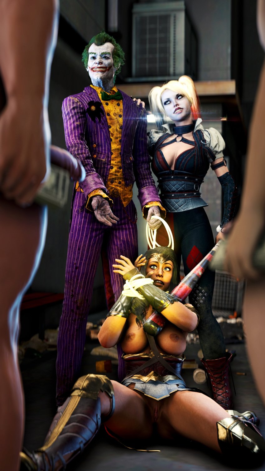 1boy 2girls 3d amazon anatomically_correct background baseball_bat batman:_arkham_knight batman_(series) black_hair blonde_hair bondage boots bound_wrists bow bowtie breasts breasts_out cheopsfm cleavage clothed_male clothing clothing_aside corset corset_down dark_nipples dc dc_comics domination erection exposed_pussy facepaint femsub footwear forced forced_presentation forced_prostitution fully_clothed genitals green_hair grin hair hand_on_shoulder happy harley_quinn harley_quinn_(arkham) harley_quinn_(arkham_knight) harness holding_baseball_bat holding_lasso holding_money holding_object imminent_rape imminent_sex injustice_2 lasso lasso_of_truth lens_flare lipstick makeup male maledom miniskirt money multiple_males nipples no_bra no_panties no_underwear nude nude_male on_ground open_mouth parted_lips partially_clothed penis prostitution puffy_sleeves purple_suit pussy rape red_claws red_hair red_lipstick sad scared shaved_pussy shiny_clothes shoes short_hair short_sleeves sitting skirt slave sleeves smile source_filmmaker spread_legs standing submissive suit teet teeth the_joker twintails upskirt vambraces wardrobe_malfunction wonder_woman wonder_woman_(injustice) wonder_woman_(series)