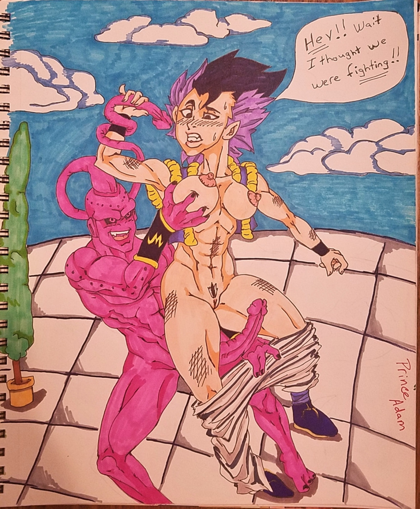 beat_up defeated defeated_heroine dragon_ball dragon_ball_z female gotenks imminent_rape majin_buu male nipples pink_skin princeadam rule_63 traditional_media_(artwork) undressed