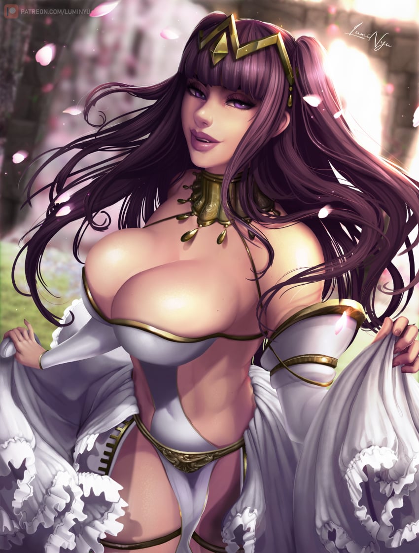 1girls 2019 big_breasts bodysuit breasts bridal_gauntlets bridal_gloves bridal_lingerie bride cleavage curvaceous dress dress_lift eyeshadow female female_focus female_only fire_emblem fire_emblem_awakening fire_emblem_heroes gold goth hair hair_ornament large_breasts long_hair luminyu makeup married necklace overflowing_breasts purple_eyes purple_hair sheer sheer_clothing smile solo solo_female solo_focus tharja_(bridal)_(fire_emblem) tharja_(fire_emblem) very_long_hair voluptuous wedding_dress white_dress