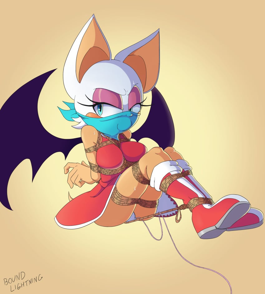 absurd_res alternate_costume amy_rose_(cosplay) blush bondage boots bound boundlightning breast_bondage breasts chiropteran clothing cosplay female footwear gag hi_res mammal narrowed_eyes panties panty_shot rope rope_bondage rouge_rose rouge_the_bat sex_toy simple_background solo sonic_(series) sonic_the_hedgehog_(series) underwear vibrator wings