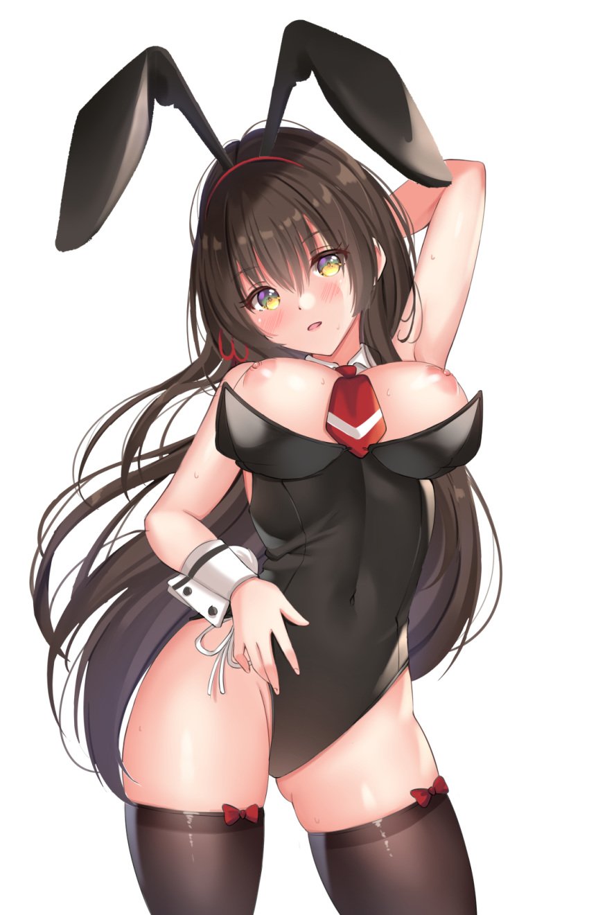 1girls areolae black_leotard blackheartxiii blush breasts bunny_ears bunny_girl bunnysuit exposed_breasts female female_only kawaikereba_hentai_demo_suki_ni_natte_kuremasu_ka? leotard long_hair nipples thighhighs tie tokihara_sayuki