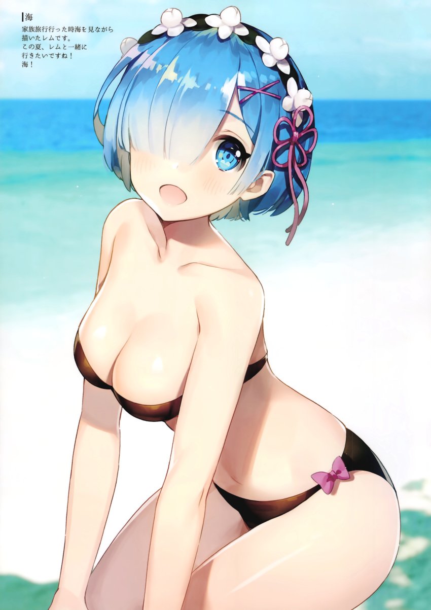 :d alternative_costume asymmetrical_bangs ayami_(annahibi) ayami_garubinu ayamy bandeau bangs bare_arms bare_shoulders beach bikini black_bikini black_swimsuit blue_eyes blue_hair blue_sky blurry blurry_background blush bow breasts clavicle cleavage comic_market comic_market_94 day eyebrows_visible_through_hair female hair_ornament hair_over_one_eye hairband hairpin happy headdress high_resolution jewelry large_filesize leaning_forward lolita_hairband looking_at_viewer medium_breasts navel ocean one_eye_covered open_mouth outdoors pink_bow re:zero_kara_hajimeru_isekai_seikatsu rem_(re:zero) rem_x_shitagi ribbon scan shiny shiny_skin short_hair side_bangs sky smile solo stomach strapless strapless_bikini strapless_swimsuit swimsuit thighs translation_request very_high_resolution water x_hair_ornament