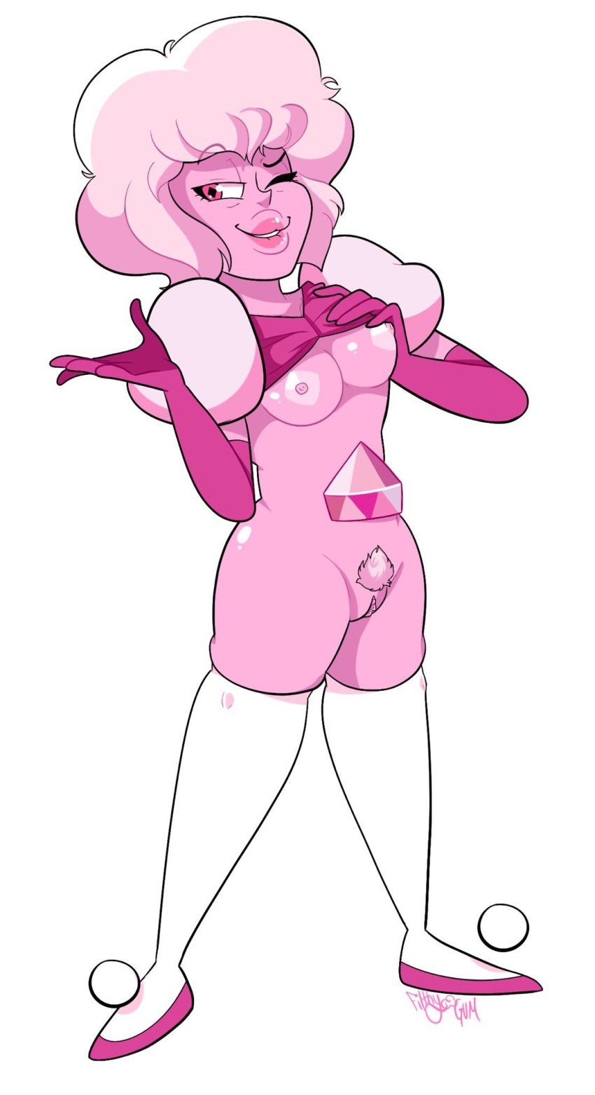 alien breasts cartoon_network diamond_authority exposed_breasts female_only filthygum gem_(species) mature_female milf pink_diamond_(steven_universe) pink_skin pinup pubic_hair pubic_tuft pussy shirt_lift small_breasts solo steven_universe thighhighs