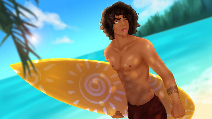 1boy abs beach fap_ceo_menstream gay liam_(fap_ceo_menstream) lifeguard seaside surfboard surfer tattoo tongue_out