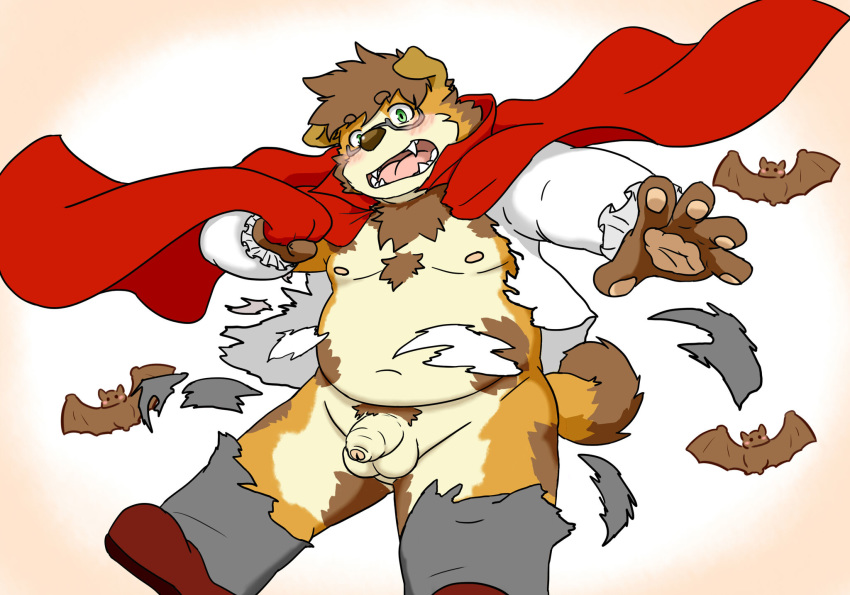 2019 anthro balls belly blush bottomwear brown_body brown_fur canid canine canis clothing domestic_dog eyewear flaccid fur genitals glasses halloween hi_res holidays humanoid_hands humanoid_penis kemono male male_only mammal moobs navel nipples overweight overweight_male pants penis reddo12340 shirt topwear