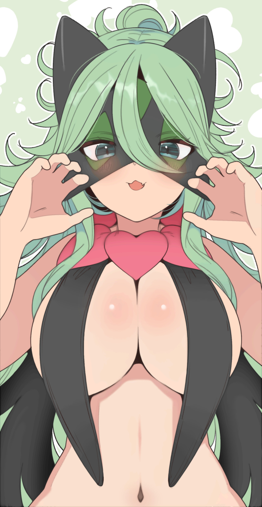 big_breasts blush breasts claw_pose cleavage cosplay crossover crossover_cosplay eye_mask fangs female flesh_fang game_freak green_background green_eyes green_hair hair_between_eyes huge_breasts kantai_collection long_hair looking_at_viewer meowscarada meowscarada_(cosplay) navel nintendo open_mouth pokemon pokemon_(cosplay) pokemon_sv skin_fang solo solo_female suzuki_toto upper_body yamakaze_(kantai_collection)