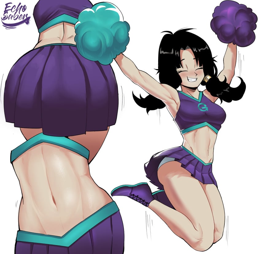 1girls armpits ass back bare_legs black_hair bloomers blush buruma cheerleader cheerleader_uniform dragon_ball dragon_ball_z echosaber female female_only fully_clothed happy hourglass_figure jumping midriff multiple_poses navel_line pigtails pleated_skirt pom_poms shiny_hair skirt skirt_lift smile solo teenager twintails videl white_background