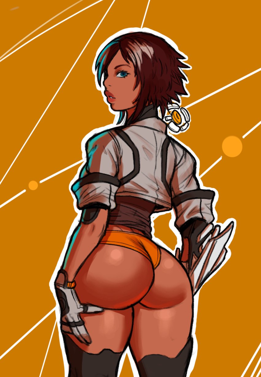 1girls ass blue_eyes female female_focus female_only looking_at_viewer looking_back nilin orange_panties pinup remember_me rhydwyn shinrhydwyn solo solo_female tan-skinned_female tan_skin thighhighs