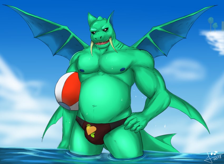 abs anthro bara beach_ball biceps bulge duke_fishron fat fat_man gay horny male male_only muscle muscles muscular nipples ocean penis speedo terraria trunks trunks_(clothing) trunks_briefs water wings