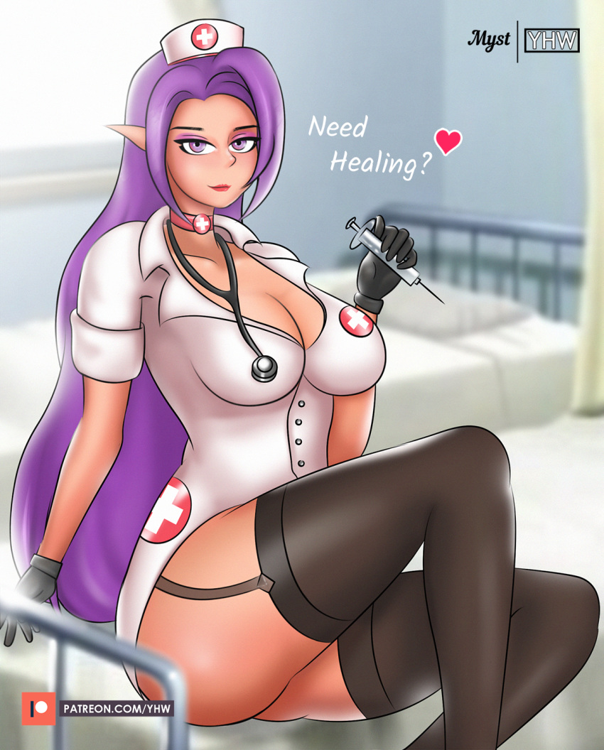 1girls 2d alternate_costume big_breasts breasts cleavage doctor elf gloves healing hi-rez_studios light-skinned_female light_skin looking_at_viewer nurse nurse_uniform paladins purple_hair skye_(paladins) solo street_style street_style_skye syringe yhw