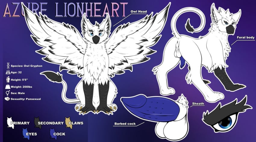 1boy animal_penis anus avian azure_lionheart balls ballsack barbed_penis beak blue_eyes blue_penis body_fur claws erection feral genitals gryphon iudicium86 leonine_tail male male_only model_sheet nude_male owlgryph penis perineum raised_tail scrotum sheath solo tail tail_tuft testicles white_feathers white_fur wings