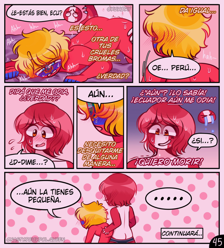 2boys blush comic countryhumans ecuador_(countryhumans) gay kuhory page_45 peru_(countryhumans) red_body short_hair spanish_text text yaoi