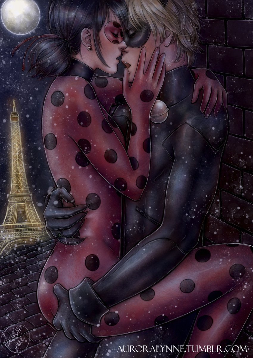 1boy 1boy1girl 1girls adrien_agreste adrienette arm_around_neck arm_around_waist ass_grab aurora-lynne blonde_hair bodysuit cat_noir closed_eyes eiffel_tower embrace embracing female hand_on_ass hand_on_face hero_costume hugging kissing ladybug_(character) making_out male/female marinette_cheng marinette_dupain-cheng mask miraculous_ladybug night night_sky on_lap on_roof open_mouth outdoors outside paris passionate passionate_kiss romantic romantic_ambiance romantic_night sensual skin_tight snow snowing straight tight_clothing wholesome