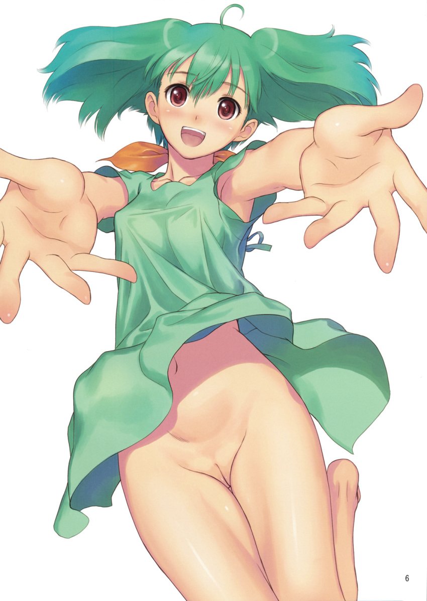 1girls barefoot blush clothing dress female female_only green_hair happy highres innie_pussy legs macross macross_frontier no_bra no_panties pussy ranka_lee red_eyes short_hair solo taka_tony thighs uncensored wind_lift