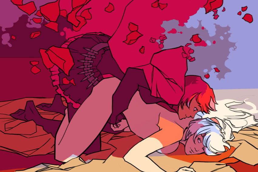 2girls ass_up breasts cape clothed clothed_female_nude_female doggy_style embracing eye_contact female female_only flower_petals human multiple_girls nude nude_female quaedam red_hair ruby_rose rwby sideboob weiss_schnee white_hair yuri