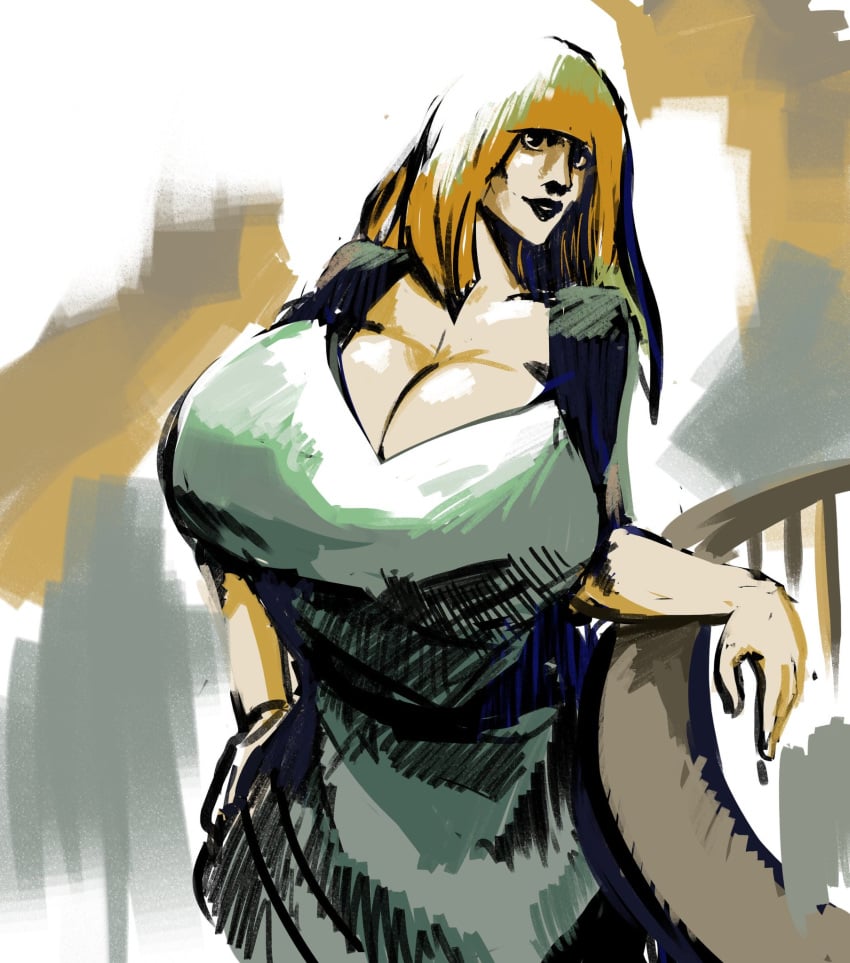 cleavage clothing disco_elysium dress female hand_on_hip head_tilt huge_breasts human klaasje klaasje_amandou lemonfont long_hair orange_hair railing standing straight_hair