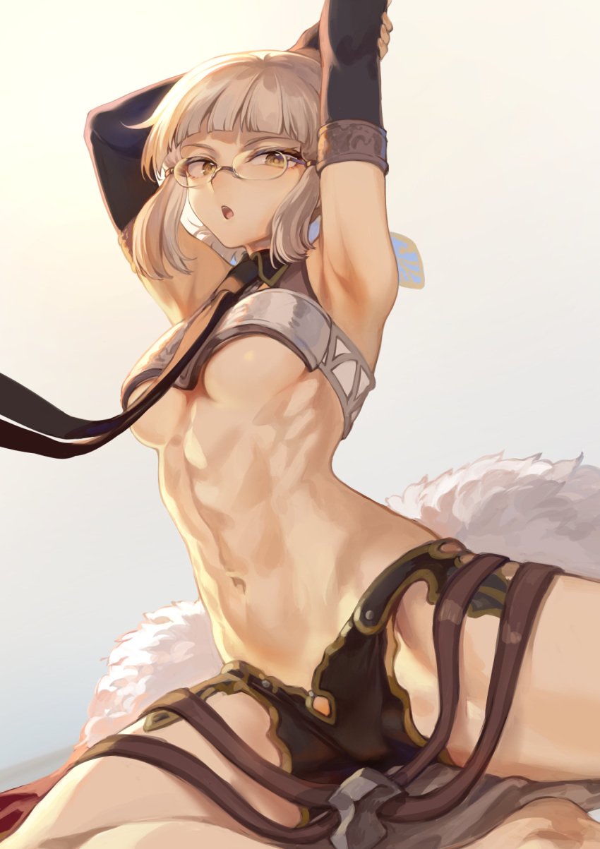 1girls abs arm_up armpits backlighting bangs bare_shoulders belt black_neckwear black_shorts blue_ribbon blunt_bangs breastplate breasts detached_collar fate/grand_order fate_(series) fur_trim glasses gradient gradient_background grey_hair hair_ribbon highres long_hair looking_at_viewer mashu_003 medium_breasts micro_shorts muscles muscular_female navel necktie open_mouth penthesilea_(fate/grand_order) ribbon shorts sidelocks solo stretch thighs toned underboob yellow_eyes