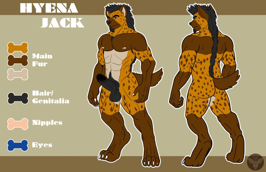 anthro ass balls english_text erection genitals hi_res humanoid_penis hyaenid hyenajack jakenwolfy male mammal model_sheet muscular muscular_male nipples nude penis solo text