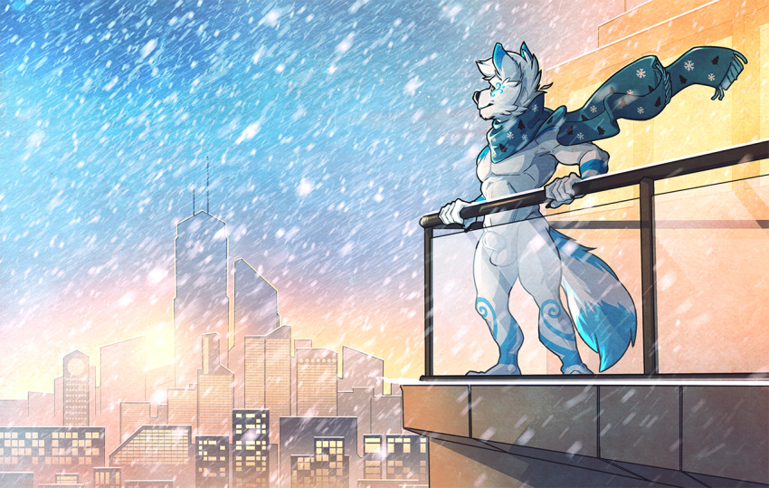 2017 animal_genitalia anthro balcony balls biceps biped blue_body blue_fur blue_scarf bottomless canid canine canis city claws clothed clothing detailed_background digital_media_(artwork) dipstick_tail domestic_dog fur genitals male male_only mammal markings multicolored_body multicolored_fur multicolored_tail muscular muscular_male no_swift outside pecs scarf sheath sky skyline snow snowywolf12 solo white_body white_fur wolf