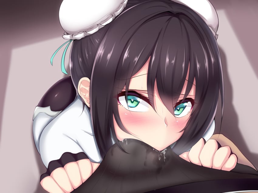 1boy ass bangs begging black_gloves black_hair blush bodysuit bun_cover chinese_clothes cum cum_in_clothes cum_through_clothes double_bun ebon eyebrows_visible_through_hair fate_(series) fellatio female fingerless_gloves from_above gloves green_eyes heart heart-shaped_pupils highres looking_at_viewer neltumo oral pov qin_liangyu_(fate) sidelocks skin_tight squatting symbol-shaped_pupils