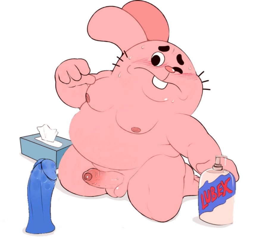 1boy 3_fingers 3_toes bhm big_dildo blush buckteeth cartoon_network dildo dilf edit eroborus gay glans lagomorph lube male male_only moobs nude overweight penis_sweat perineum pink_fur richard_watterson solo sweat the_amazing_world_of_gumball thick_penis tissue tissue_box uncut whiskers