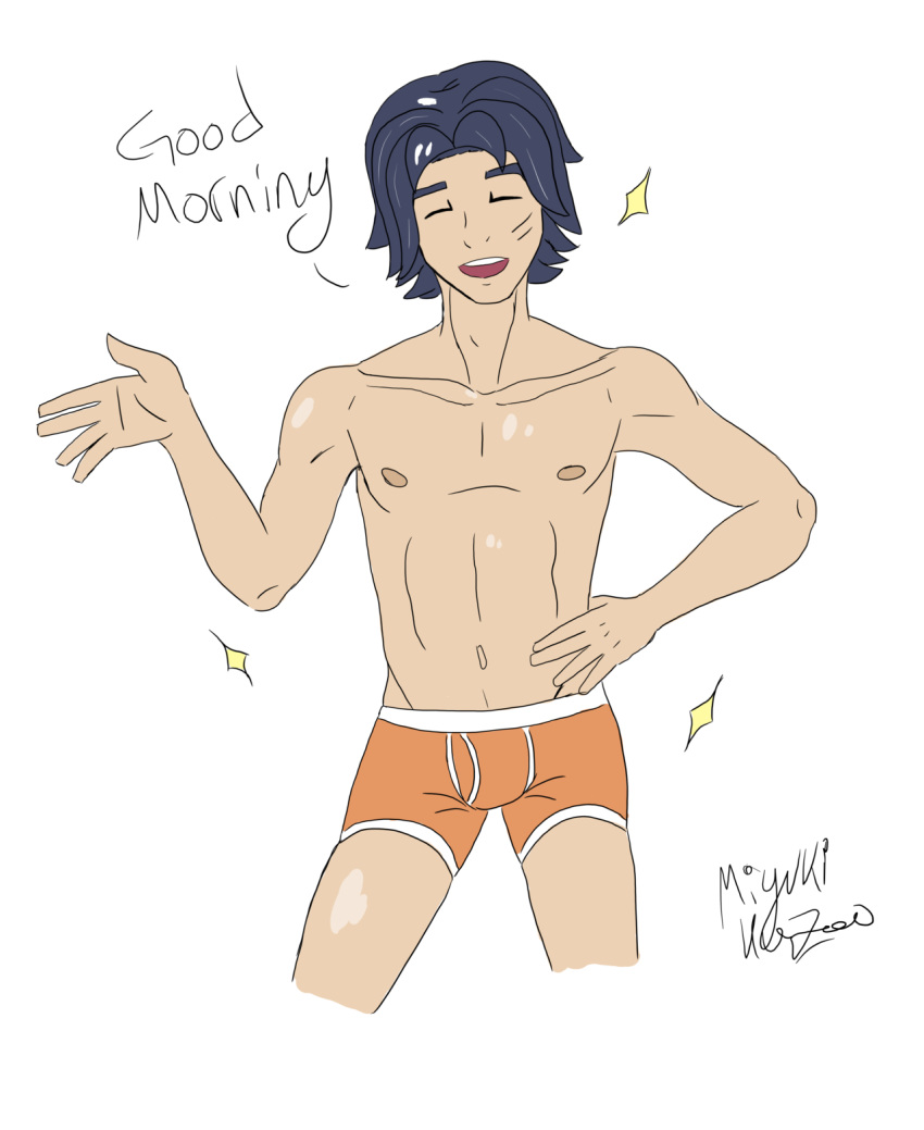 1boy abs blue_hair bulge closed_eyes clothing english_text ezra_bridger male male_focus male_only miyuki_kazoo muscular muscular_male orange_underwear pectorals pose short_hair simple_background smile solo star_wars star_wars_rebels text underwear white_background