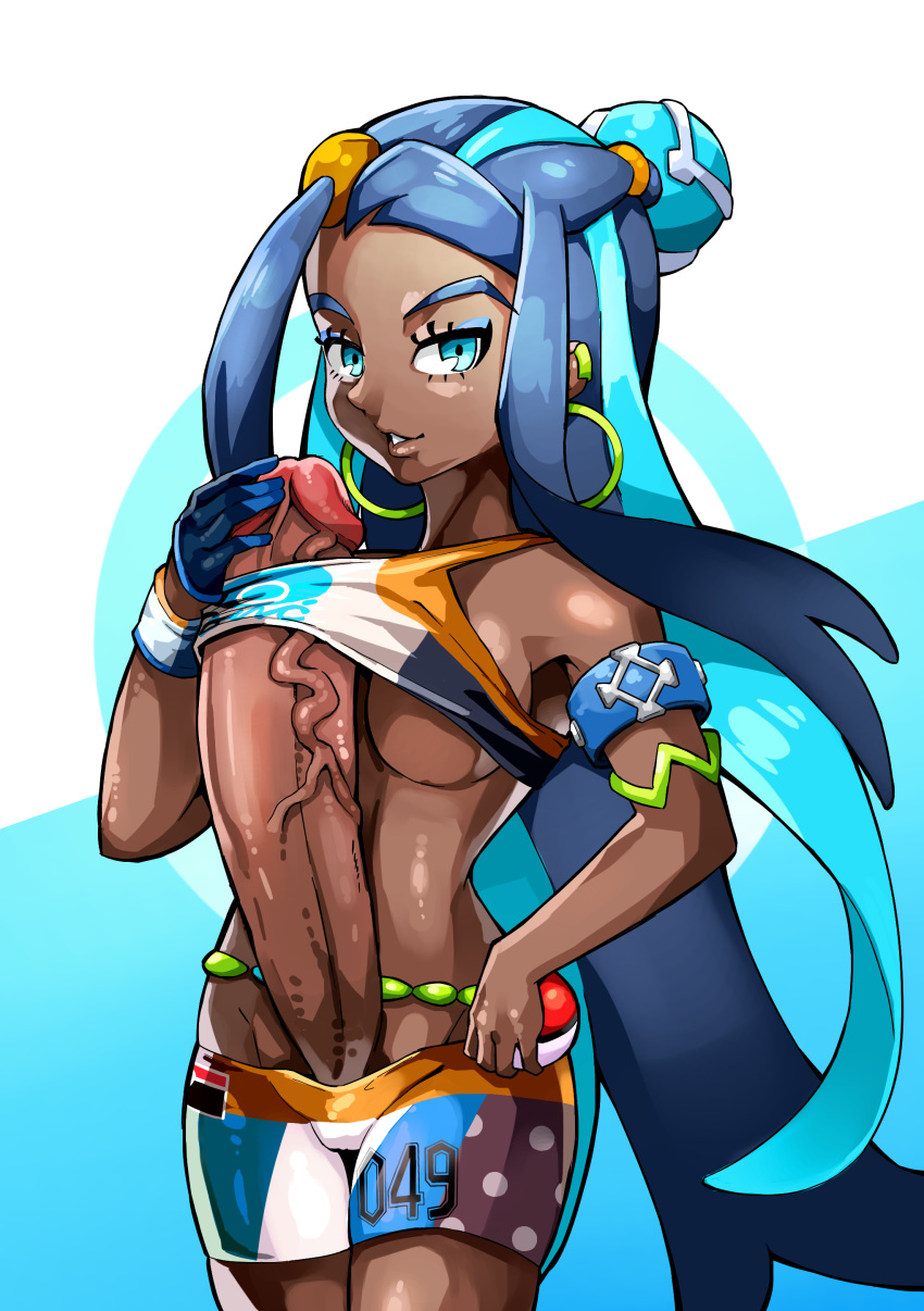 1futa absurdres blue_background blue_eyes blue_hair bracelet breasts clothes colored cum dark-skinned_futanari dark_skin earrings eye_contact eyelashes futa_only futa_sans_balls futanari glans hair_ornament highres hoop_earrings huge_penis human human_only hyper_penis intersex intersex_only line_art long_hair long_penis looking_at_viewer michomicho nessa_(pokemon) nintendo poke_ball pokemon pokemon_ss pose shirt shirt_lift smile solo standing text underboob veins veiny_penis very_long_hair