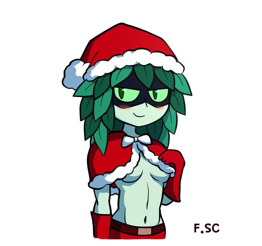 adventure_time blush blushing christmas fizzyspidercider green_eyes green_skin huntress_wizard leaf_hair santa_costume small_breasts smug