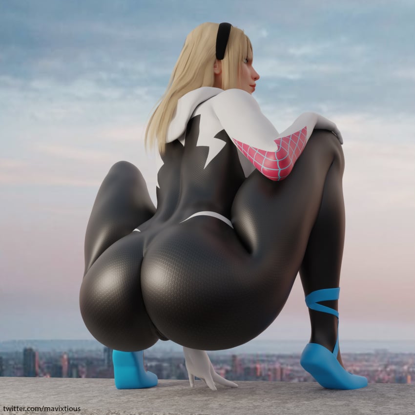 1girls 3d ass bodysuit female female_only gwen_stacy huge_ass impossible_bodysuit impossible_clothing marvel mavixtious solo spider-gwen spider-man_(series) thick_ass tight_clothing