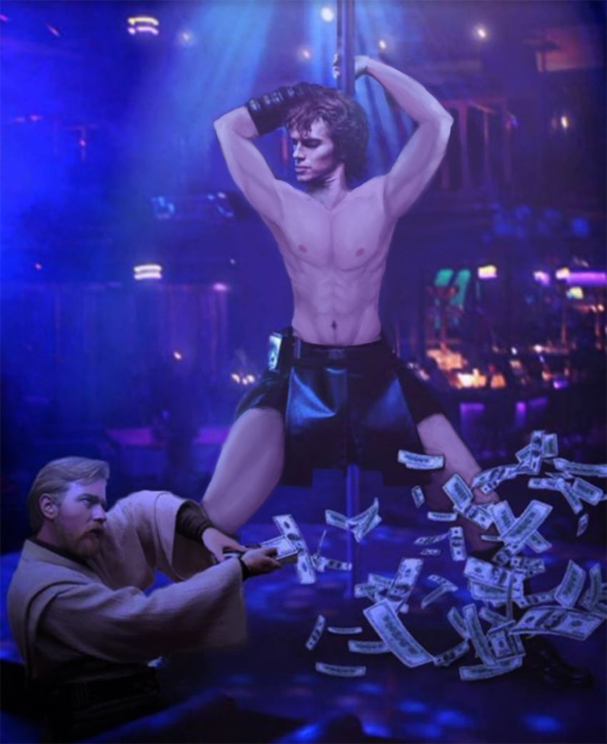 2boys abs anakin_skywalker armpits dancer erection_under_clothes gay hands_above_head hayden_christensen looking_at_partner male male_only money muscles muscular nude obi-wan_kenobi partially_nude pectorals star_wars stripper stripper_pole topless underwear