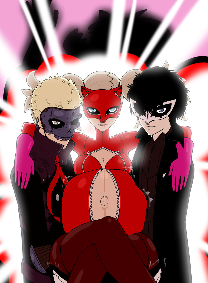 1girls 2boys ann_takamaki belly big_belly big_breasts blonde_hair bodysuit breasts cleavage joker_(persona) malkarmaze persona persona_5 pregnant ryuji_sakamoto twintails