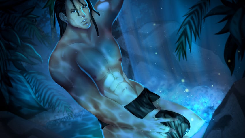 1boy abs black_eyes black_hair boner erect_nipples erection_under_clothes facial_piercing fap_ceo_menstream gay huge_cock loincloth long_hair looking_at_viewer nasal_piercing pecs penis_under_clothes swim swimming underwater water_drops waterfall yaon_(fap_ceo_menstream)