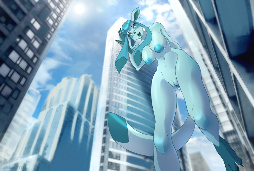 1girls 2019 3_toes abs anthro anthrofied big_breasts blue_blush blue_fur blue_pussy blue_sclera blue_skin blush bodily_fluids breasts building canine city day eeveelution eye_contact feet female furry genital_fluids giantess glaceon leg_up looking_at_viewer looking_down low-angle_view macro nintendo nipples nude open_mouth original_character outside paws pokémon_(species) pokemon pokemon_dppt public public_nudity pussy pussy_juice smile solo strawberrytfs tail teeth thick_thighs thigh_gap tongue video_games wet white_eyes wide_hips