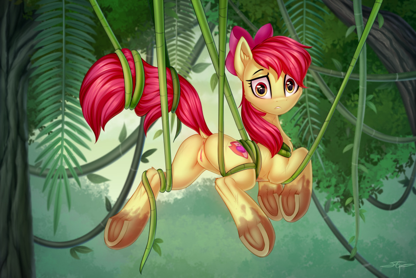 2020 accessory aged_up anus apple_bloom_(mlp) ass cutie_mark digital_media_(artwork) dock earth_pony equid equine female feral friendship_is_magic genitals hair_accessory hair_ribbon hairbow hi_res hooves horse looking_at_viewer mammal my_little_pony pony pussy ribbons setharu solo suspension underhoof vines