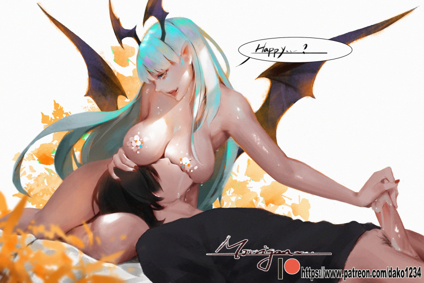 1boy 1girls aqua_hair ass bat_wings bottomless breast_sucking breastfeeding breasts clothing cum cumdrip dako darkstalkers demon_girl ejaculation english_text erection female handjob head_wings highres lactation large_breasts light_skin long_hair morrigan_aensland naked nipple_suck nipples nude nursing_handjob pale-skinned_female pale-skinned_male pale_skin penis pointy_ears pubic_hair sex straight succubus turquoise_hair uncensored vampire_(game) white_skin wings yellow_eyes