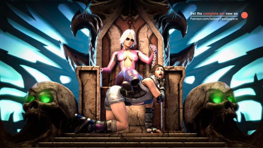 2girls 3d boots brown_hair catsuit chain_collar chain_leash chains christie_(doa) collar dead_or_alive dead_or_alive_5 defeated femdom forced heels highres kazama_asuka legs_crossed on_all_fours on_knees sunglasses tekken tekken7wallpapers tekken_7 throne tinted_eyewear white_hair