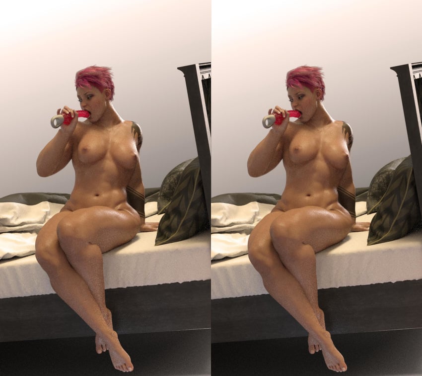 3d areola cross_stereogram dildo dildo_in_mouth muscle muscular muscular_female nipples overwatch perky_breasts pink_hair solo_female stereogram tattoo tattoos thick_thighs thighs wide_hips zarya zarya_512