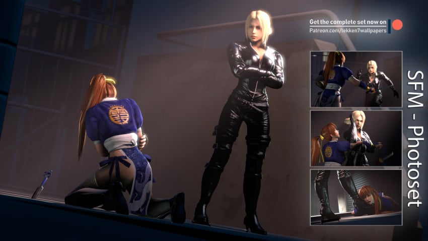 2girls 3d absurdres arms_crossed asphyxiation black_boots blonde_hair boots catsuit dead_or_alive dead_or_alive_5 defeated femdom forced heels held_down helpless highres holding_arm kasumi_(doa) nina_williams red_hair tekken tekken7wallpapers tekken_7 thighhighs white_legwear